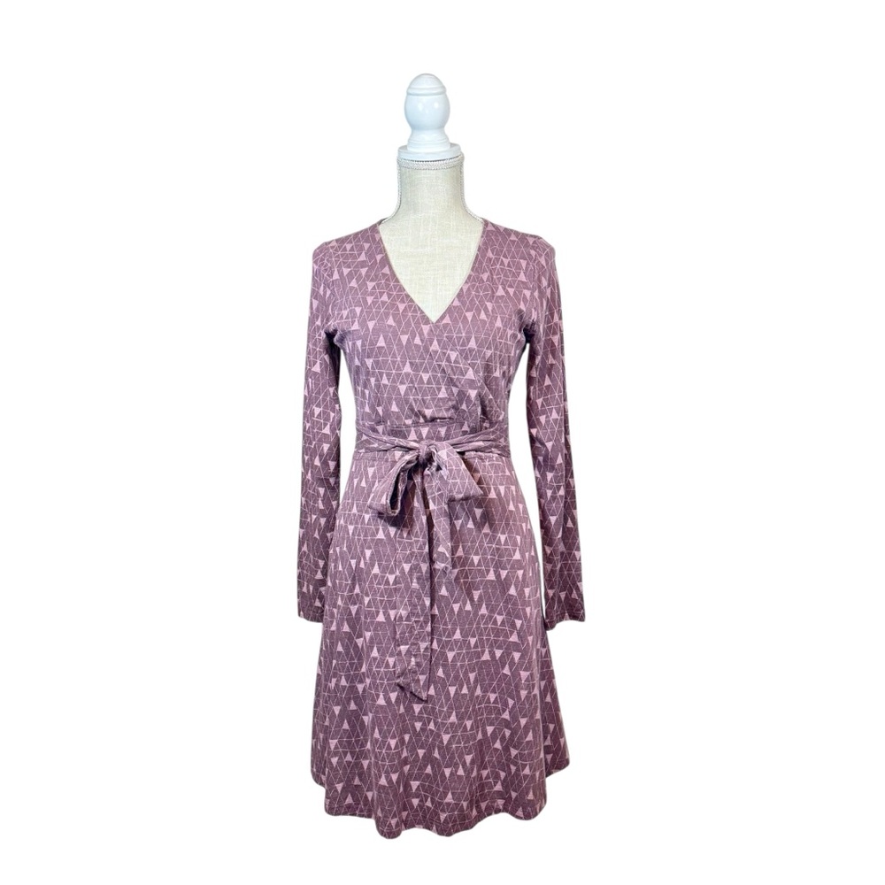 Toad & Co CUE Faux Wrap Dress sz S Purple Pink Triangles Pockets Organic Cotton